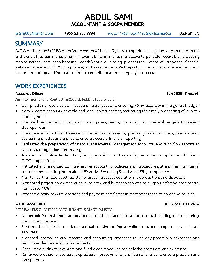 Accountant | ACCA Affiliate | SOCPA |Finance Officer | 3+ Years | Transferable Iqama photo 2