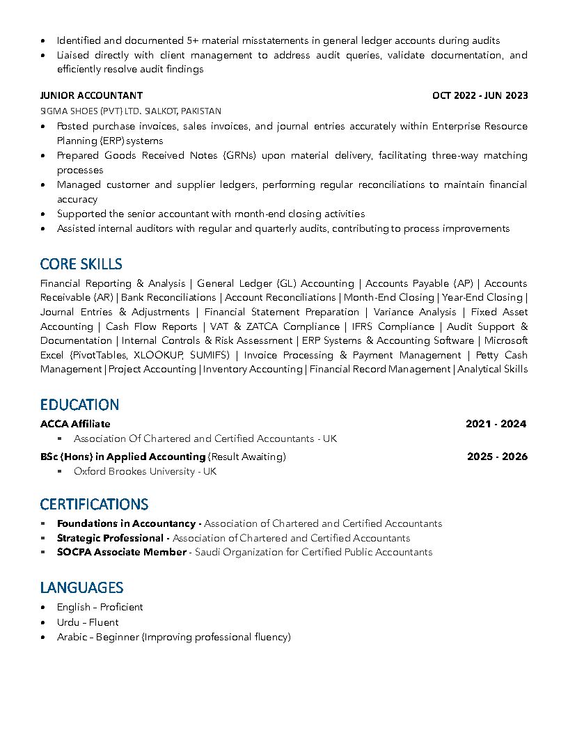 Accountant | ACCA Affiliate | SOCPA |Finance Officer | 3+ Years | Transferable Iqama photo 3