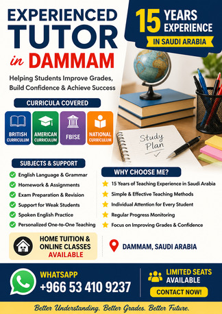 Improve Grades Fast – English Tutor In Dammam (15 Years Experience)