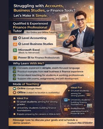 Tuition For O Level ,  Accounts, Business Studies, Or Training For Finance Tools