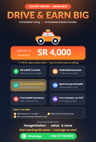 Derivers Only!! Food Delivery Drivers Wanted Immediate Hiring - 3500 SR Income photo 1