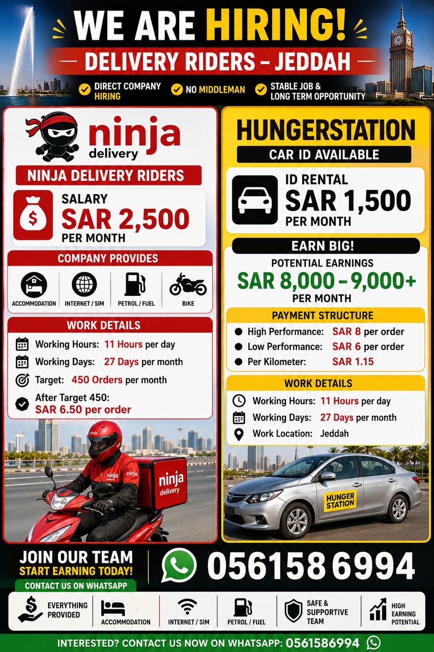 Bike DELIVERY RIDERS URGENTLY REQUIRED – JEDDAH, SAUDI ARABIA Eran Up To 3000 photo 1