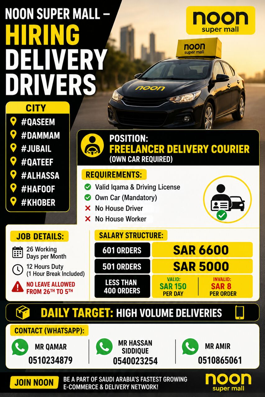 Urgent Hiring For Noon Super Mall Dammam, Riyadh ,Madinah , Buraydah Ksa photo 1
