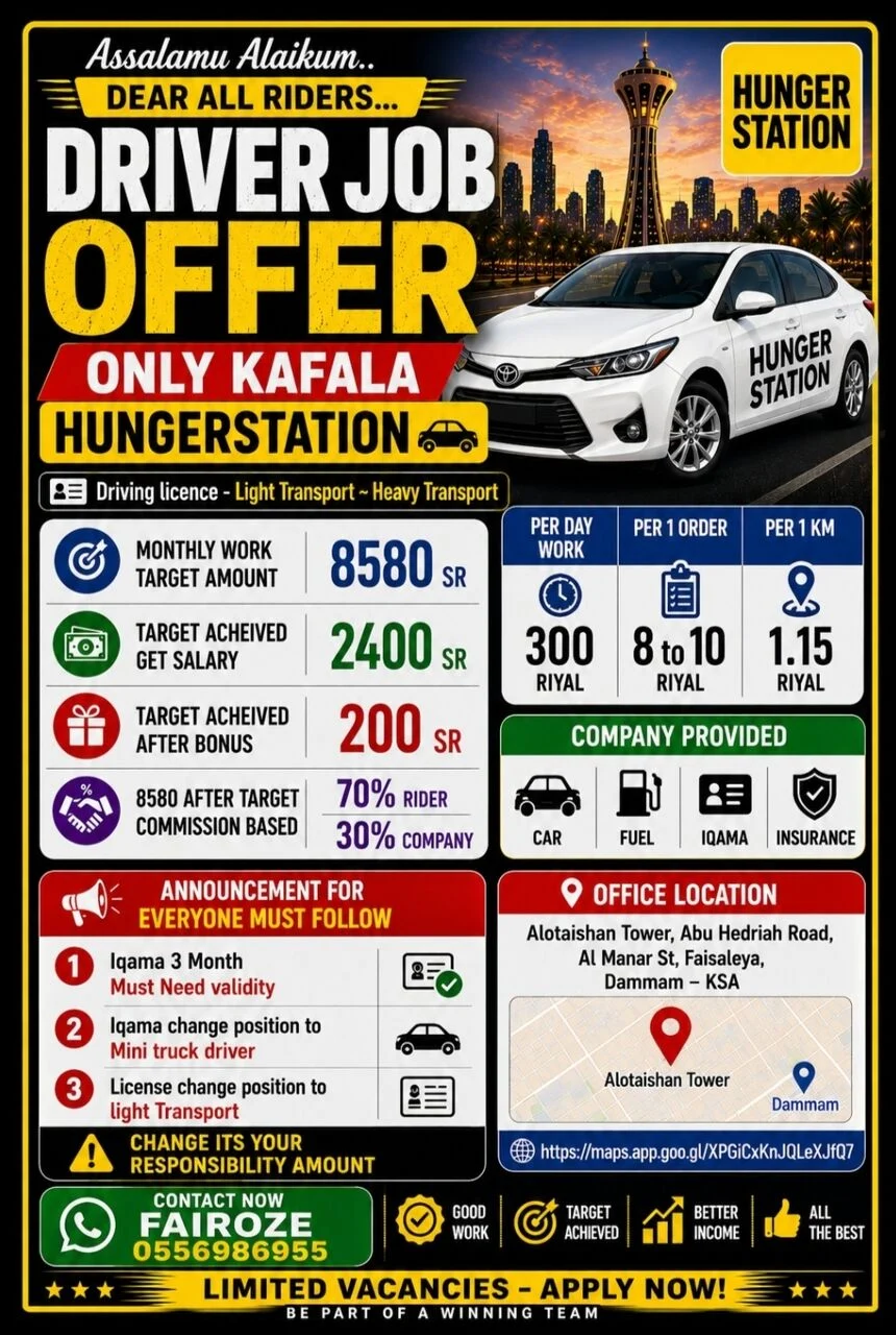 Urgently Hiring Hunger Station Driver Job Offer Transfer Kafala photo 1