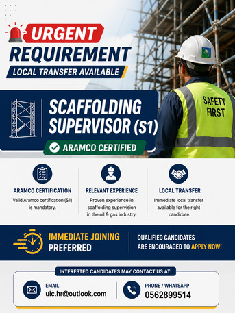 Urgent Requirement Scaffolding Supervisor S1 And WPR (Aramco Certified)– Local Transfer photo 1