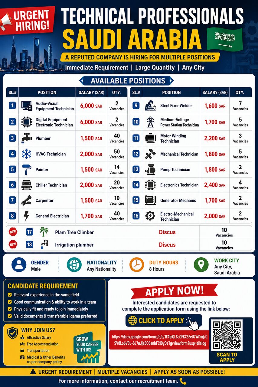 🇸🇦 URGENT HIRING | TECHNICAL PROFESSIONALS – SAUDI ARABIA photo 1