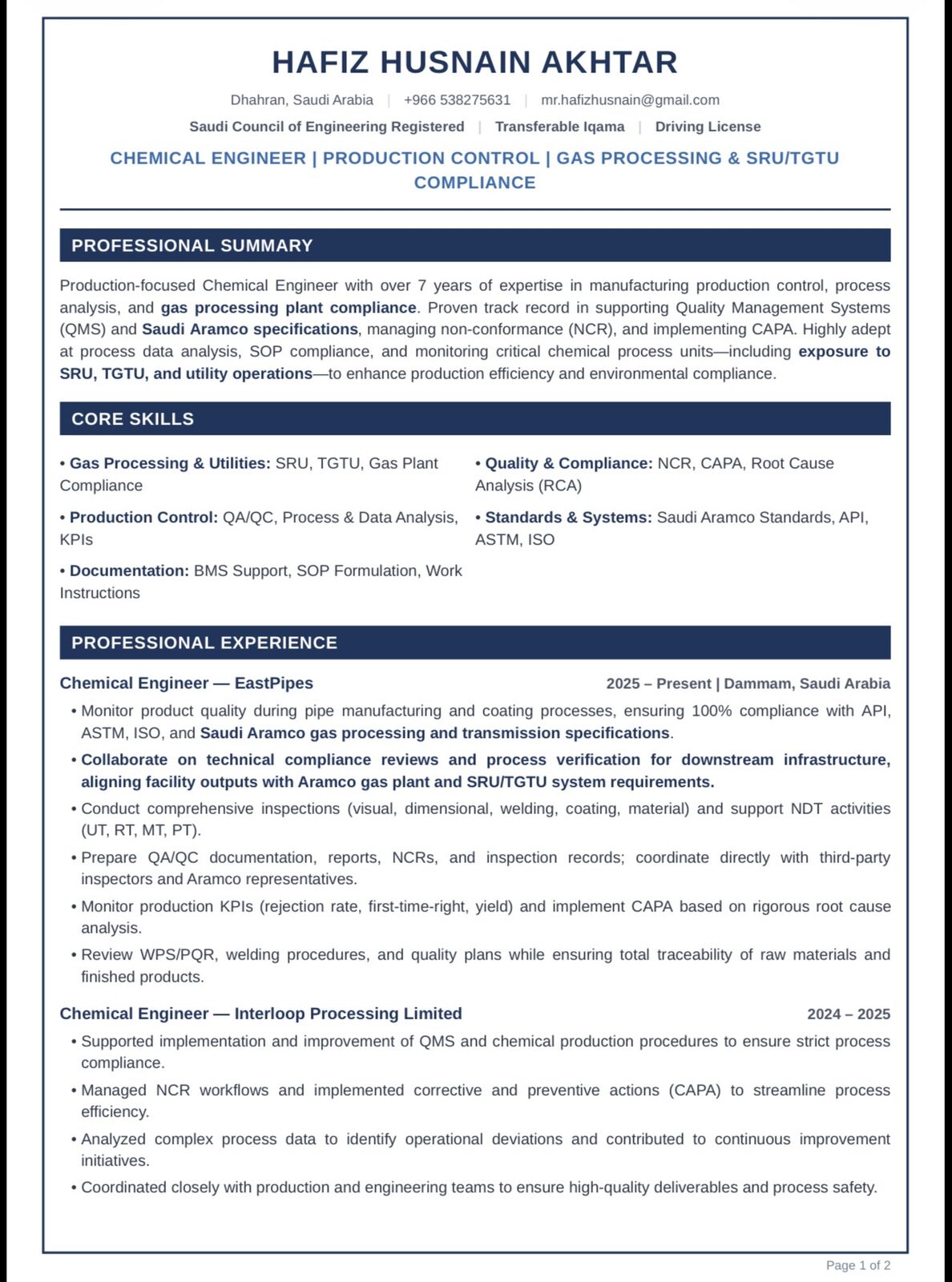 Chemical Engineer SCE Registered - Immediate Available - Transferable Iqama photo 2