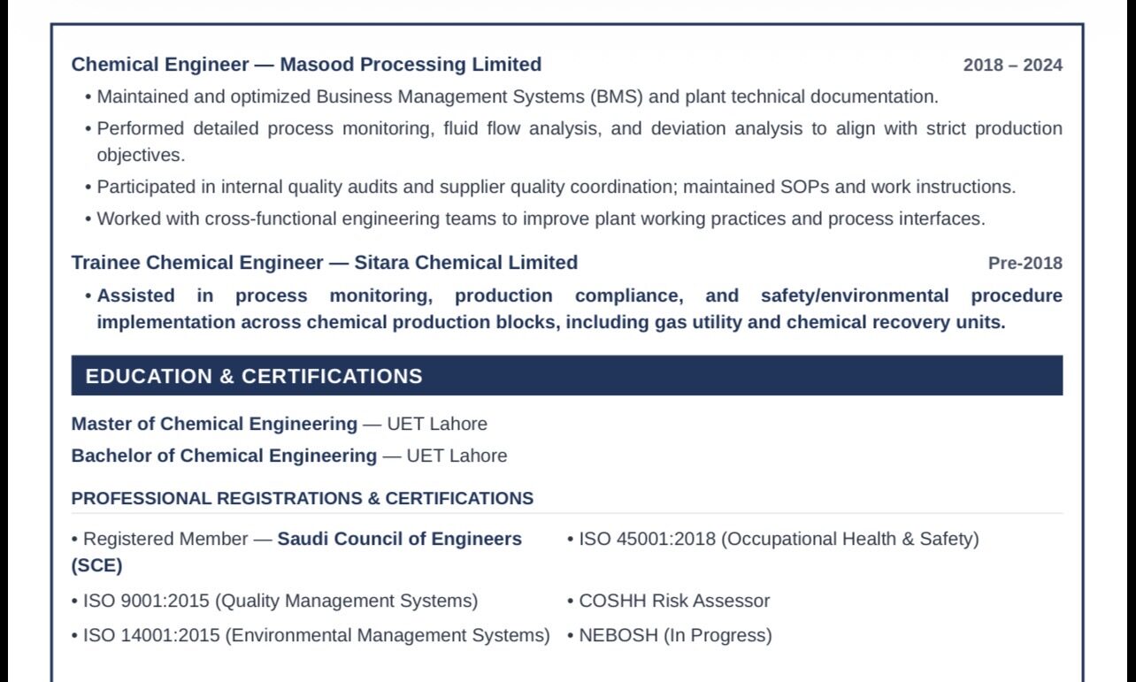 Chemical Engineer SCE Registered - Immediate Available - Transferable Iqama photo 3