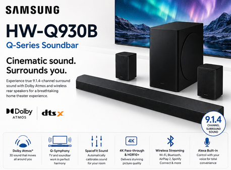 SAR 1500,  Samsung HW-Q930B 9.1.4 Dolby Atmos And DTS X Soundbar