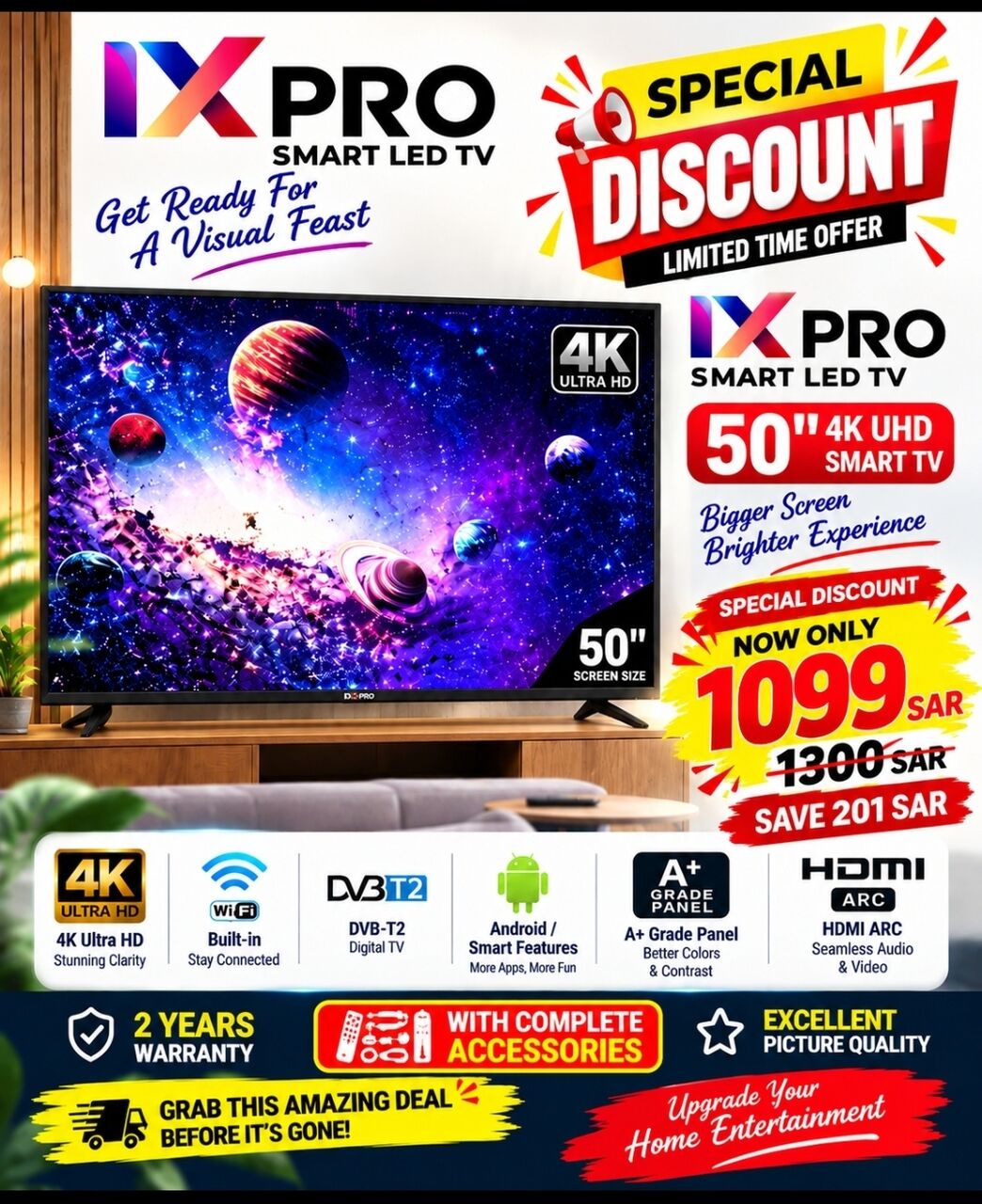 SAR 1099,  MX PRO 50" 4K Ultra HD Smart LED TV – Brand New