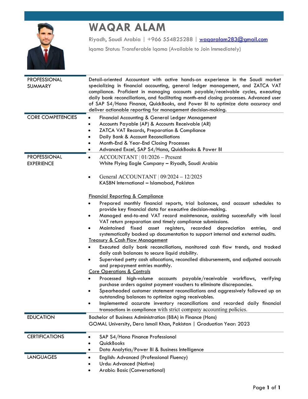 ACCOUNTANT / BBA Finance / SAP, QuickBooks, Power BI, Excel & VAT