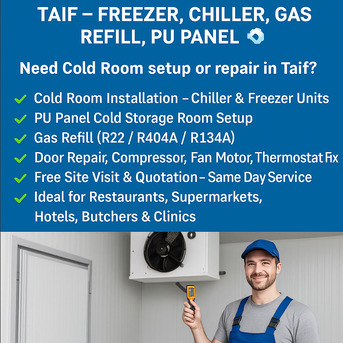 ✅❄ COLD ROOM TECHNICIAN IN TAIF – FREEZER, CHILLER, GAS REFILL, PU PANEL INSTALLATION ❄✅